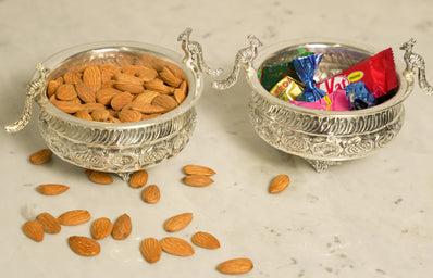 German Silver Peacock Snack Bowl Set